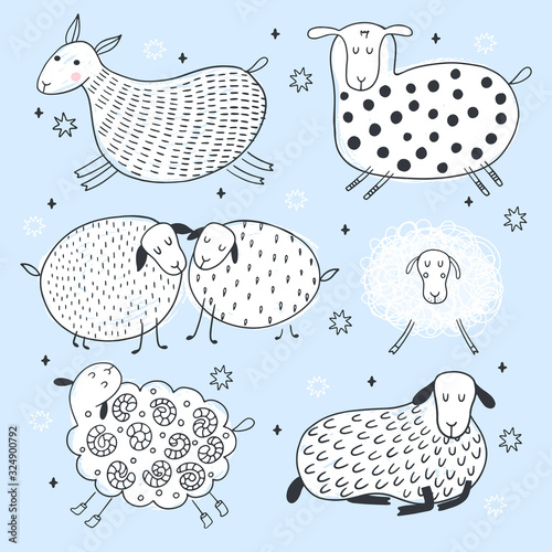 Hand drawn set with cute sheep.