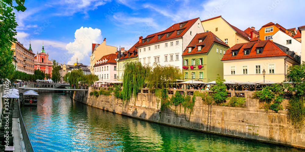 Fototapeta premium Travel and landmarks of Slovenia - beautiful Ljubljana capital city with charming downtown and canals