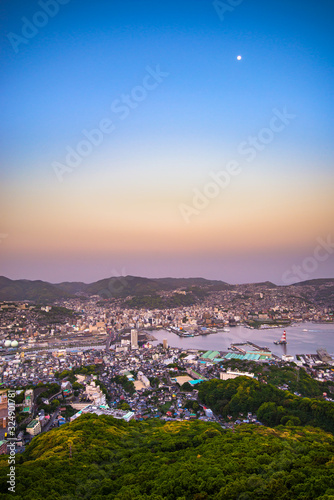 Nagasaki city view in the evening from Mount Inasa Observation platform (Nagasaki, Japan)