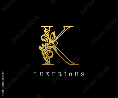 Gold Letter K Logo. K Letter Design Vector with Golden Colors and Floral Hand Drawn.