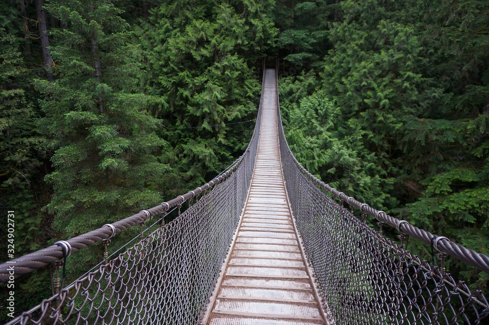 Lynn Canyon suspension bridge, British Columbia. The bridge sways slightly when you step.  North Vancouver, BC, Canada