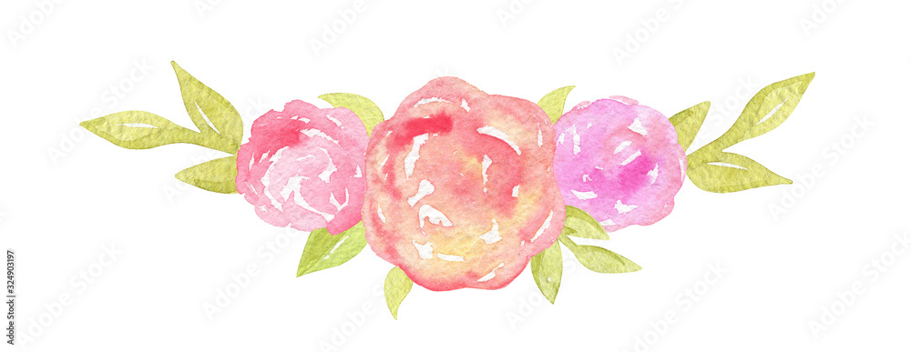 watercolor hand drawn abstract pink flowers border with green leaves ...