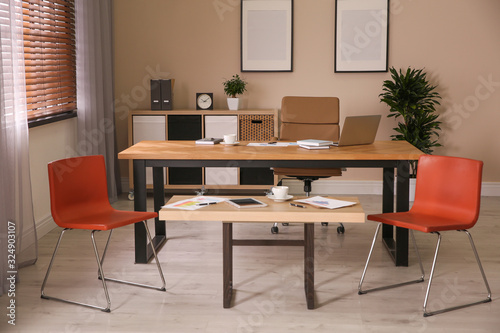 Director s office with large wooden table. Interior design