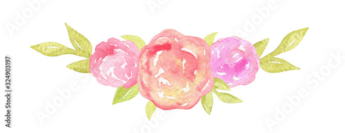 Fototapeta Naklejka Na Ścianę i Meble -  watercolor hand drawn abstract pink flowers border with green leaves isolated on white background 
