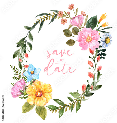 Watercolor floral frame illustration. Beautiful pink, yellow, blue flowers an...