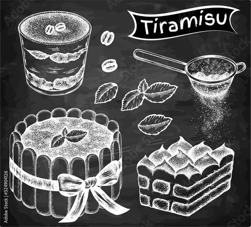 Sketch drawing set of italian dessert tiramisu, mint leaves, coffee beans, cocoa powder isolated on chalkboard. Cake with chocolate, mascarpone, savoiardi. Bakery, pastry, food. Vector illustration.