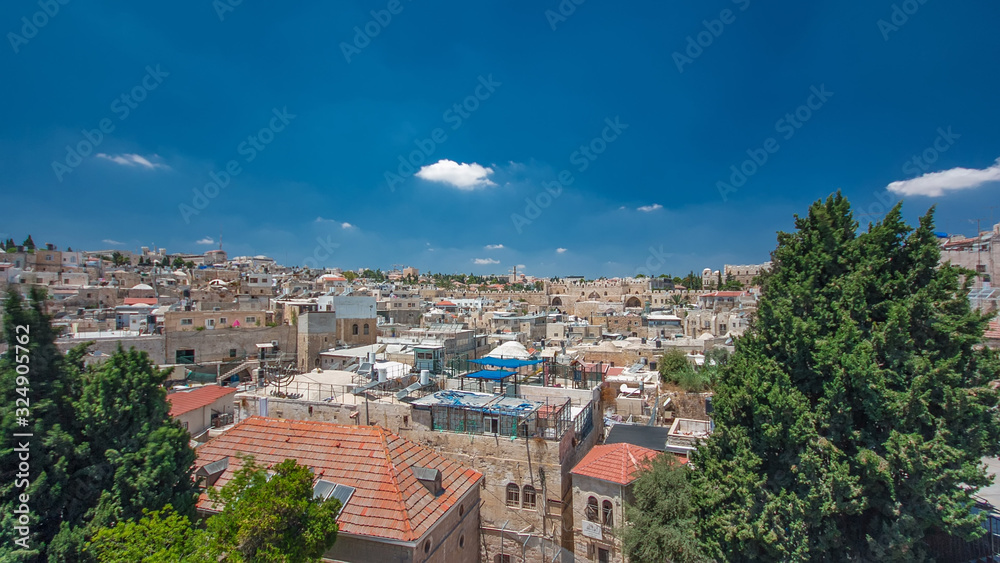 Naklejka premium Panorama of Jerusalem Old City and Temple Mount timelapse hyperlapse from Austrian Hospice Roof, Israel