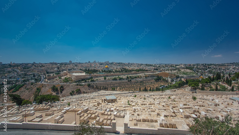 Panoramic view on Jerusalem timelapse with the Dome of the Rock from the Mount of Olives.