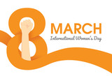 Logo 8 march with ribbon and raised arm fist of woman standing. Illustration about International Women's Day and strong power.