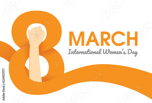 Logo 8 march with ribbon and raised arm fist of woman standing. Illustration about International Women's Day and strong power.