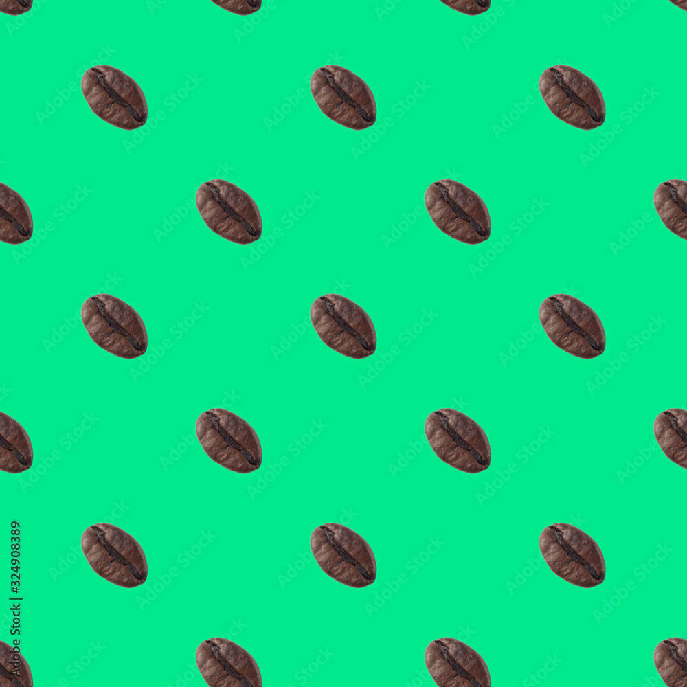 A seamless pattern of coffee beans on a green background. Creative background