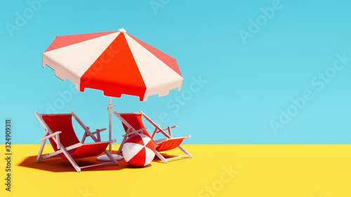 Two orange beach chairs with parasol on blue summer background 3D Rendering
