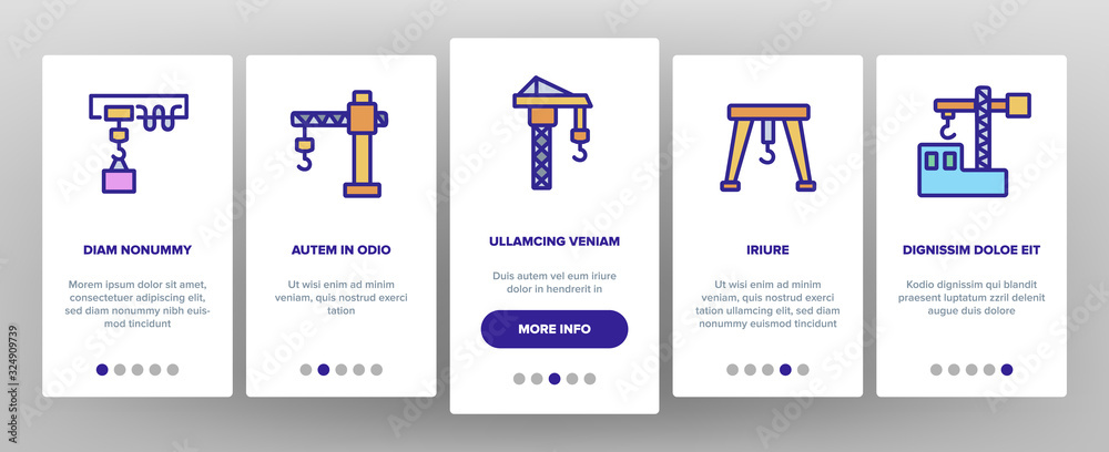 Crane Building Machine Onboarding Icons Set Vector. Port Crane Bulldozer With Container, Construction Equipment Illustrations Crane Building Machine Onboarding Icons Set Vector. Port Crane Bulldozer With Container, Construction Equipment Illustrations