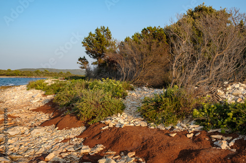 Sea, pebbles, dense bushes and red soil, this is nature at seafront in Mediterranean.