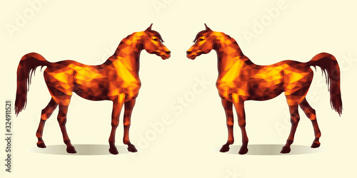 two red horses standing opposite each other  isolated image on a white background in the low poly style