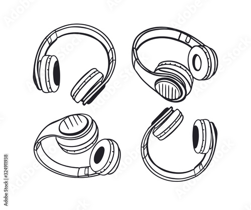 Collection of gaming headphones on a white background. Elements for the design of banners, posters, flyers. Hand drawing, sketch..