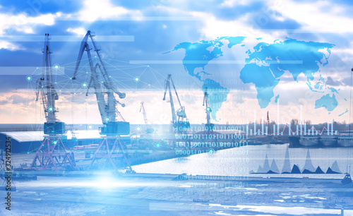 concept, cargo port and crane management using artificial intelligence, distribution of products using the Internet of things and data storage in cloud systems photo