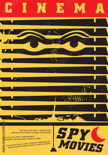 Spy movies cinema festival creative idea for poster design with eyes looking through the shutters. Comics style graphics for film night for action or thriller genre. Entertainment vector illustration