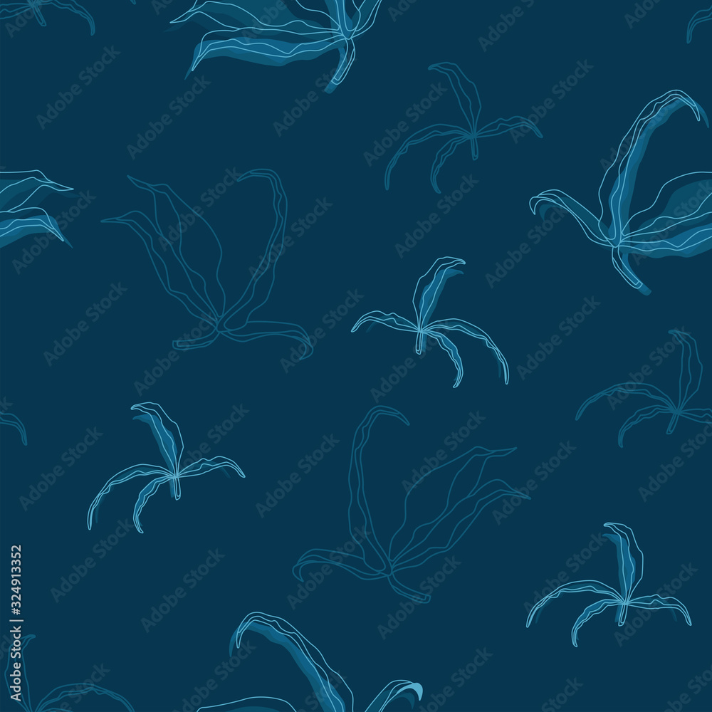 Abstract floral linear seamless pattern. Outline foliage. Vector illustration on blue background good for textile, clothes, wallpaper and fashion design projects.