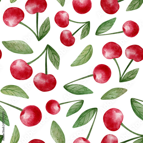 Seamless pattern with bright red cherries and leaves. Watercolor fruit background for menu  fabric  wallpaper  prints  cards  invitation  crafts  decoration kitchen.