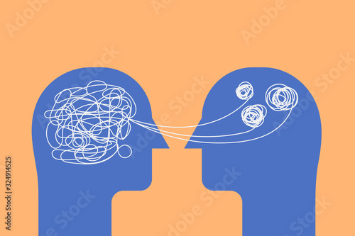two human heads silhouette with brain mental health psycho therapy concept, therapist and patient, sign symbol vector flat illustration