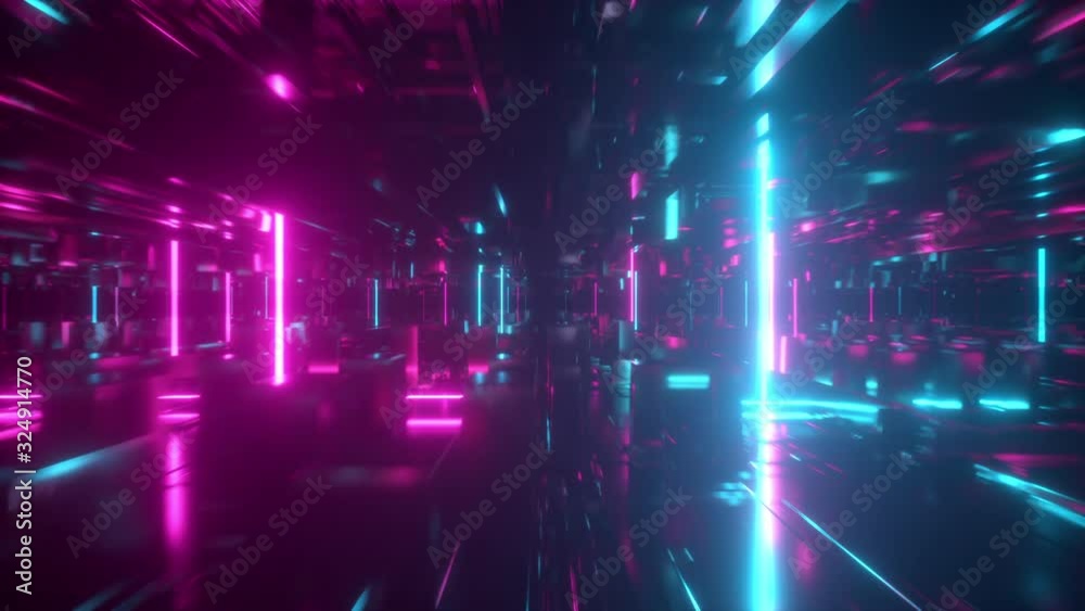Flying in a technological abstract space with luminous neon tubes. Cyberpunk style. Modern ultraviolet spectrum of light. Blue purple color. Seamless loop 3d render