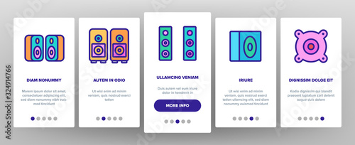 Audio Music Speakers Onboarding Icons Set Vector. Electronic Acoustic Audio Sound Speakers System And Loudspeakers Illustrations