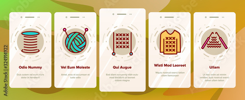 Yarn Ball For Knitting Onboarding Icons Set Vector. Yarn In Bucket And Needles, Threads And Hooks, Sweater And Sock Illustrations