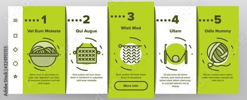 Yarn Ball For Knitting Onboarding Icons Set Vector. Yarn In Bucket And Needles, Threads And Hooks, Sweater And Sock Illustrations