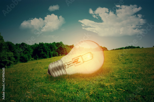 Fotografie Glowing light bulb on a green meadow