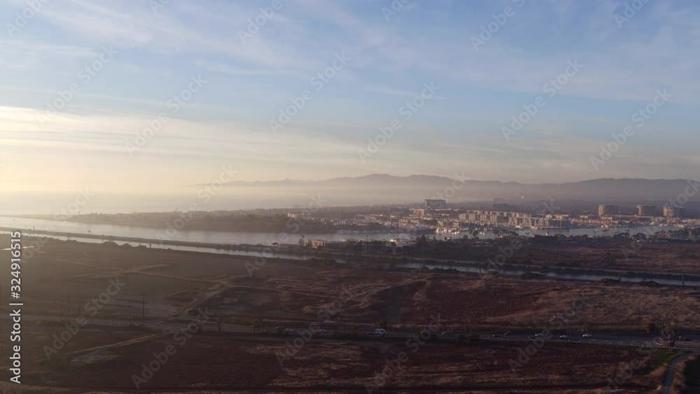 Wide aerial, sunset over Marina Del Rey skyline Wide aerial, sunset over Marina Del Rey skyline