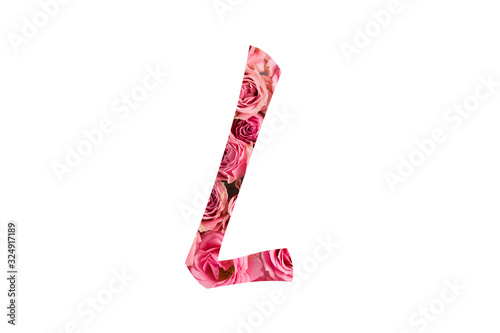 The letter L of the English alphabet is cut out of pink roses on a white isolated background.Floral pattern, texture.Bright alphabet for stores, sales, websites, postcards and holiday greetings.