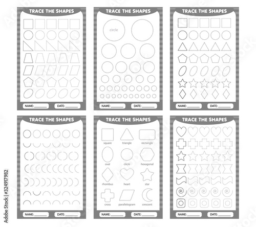 set of trace the geometric shapes around the contour. learning for children, drawing tasks. simple lesson figures