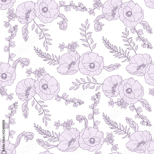 seamless floral pattern, pink repeating vegetal ornament on the white backdrop, botanical background