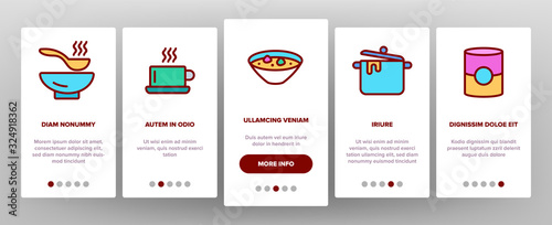 Soup Different Recipe Onboarding Icons Set Vector. Delicious Soup With Vegetables And Mushrooms, With Fish And Shrimps Illustrations