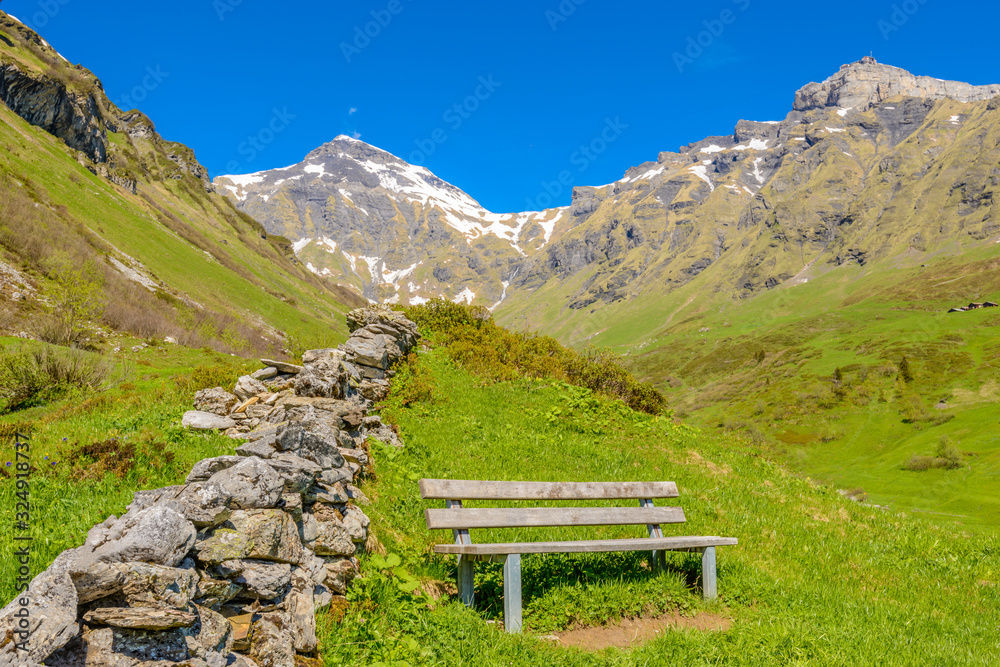 The Swiss Alps at Murren, Switzerland. Jungfrau Region. The valley of Lauterbrunnen from Interlaken.