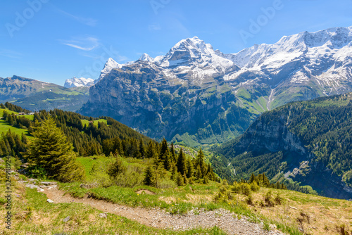 View of beautiful landscape in the Alps with fresh green meadows and snow-capped mountain tops in the background on a sunny day with blue sky and clouds in springtime.