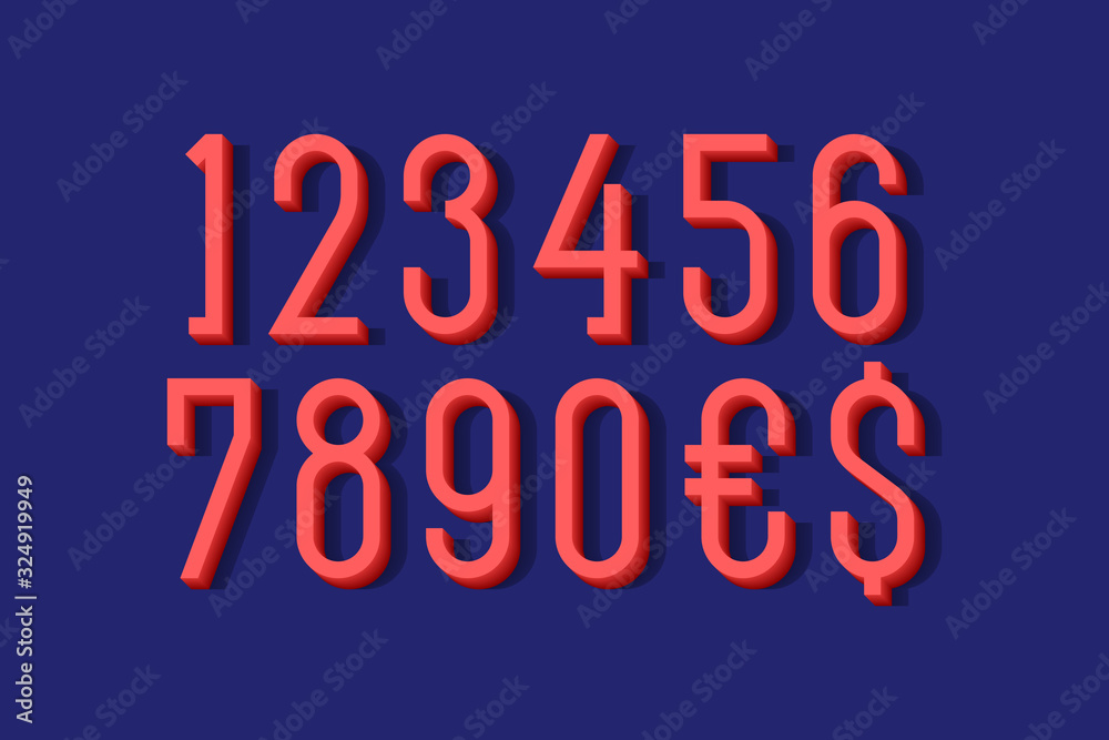 Red volumetric numbers and currency signs. 3d display font.