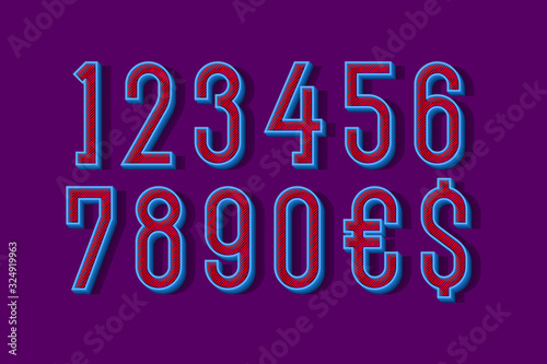 Volumetric blue numbers and currency signs with red diagonal hatching inside. 3d display font.