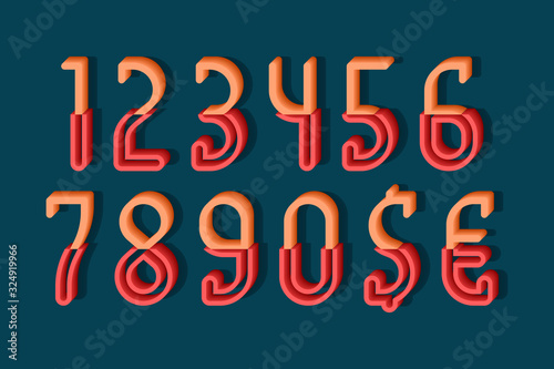 Volumetric orange red numbers and currency signs of two parts. 3d display font.