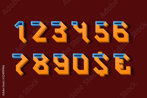 Volumetric orange blue numbers and currency signs in orient style. 3d display font.
