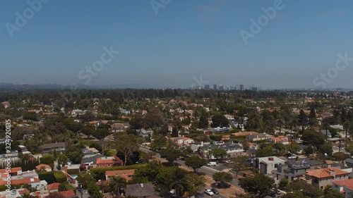 View of Santa Monica neighborhood from San Vincente Boulevard in Los Angeles, wide aerial photo