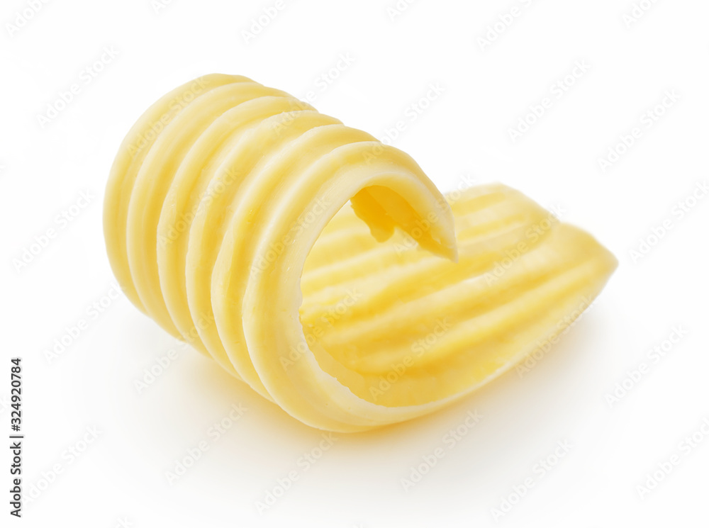 Butter curl or butter roll isolated on white background - obrazy, fototapety, plakaty 