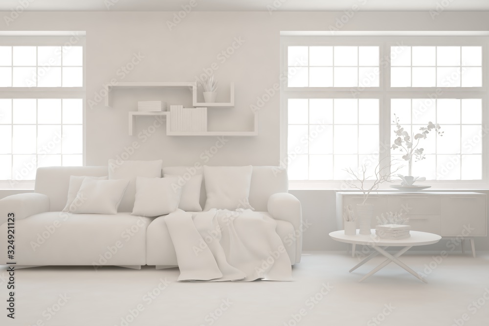Fototapeta premium Mock up of minimalist living room in white color with sofa. Scandinavian interior design. 3D illustration
