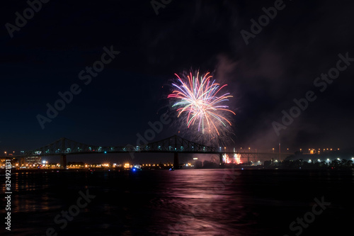 fireworks. Jacques Cartier bridge with fireworks. Montreal Quebec. Fireworks. © TMC