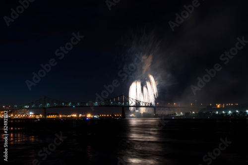 fireworks. Jacques Cartier bridge with fireworks. Montreal Quebec. Fireworks.