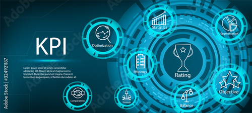 KPI (Key Performance Indicators) web banner concept with key aspects and KPI icons. Interface labeled KPI. vector image.