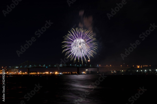 fireworks. Jacques Cartier bridge with fireworks. Montreal Quebec. Fireworks.
