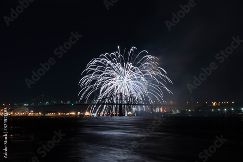 fireworks. Jacques Cartier bridge with fireworks. Montreal Quebec. Fireworks.