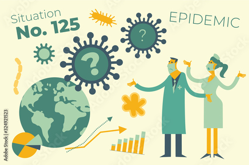 Flat medical illustration on the theme of the epidemic: a doctor and a nurse look at the virus attacking the Earth and helplessly spread their hands.